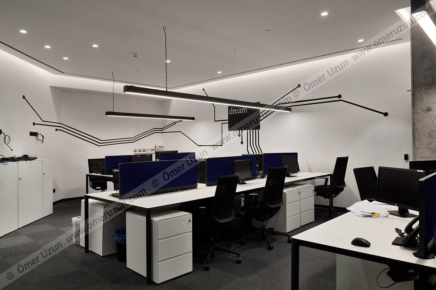 D.ream corporate office interior working area with computers