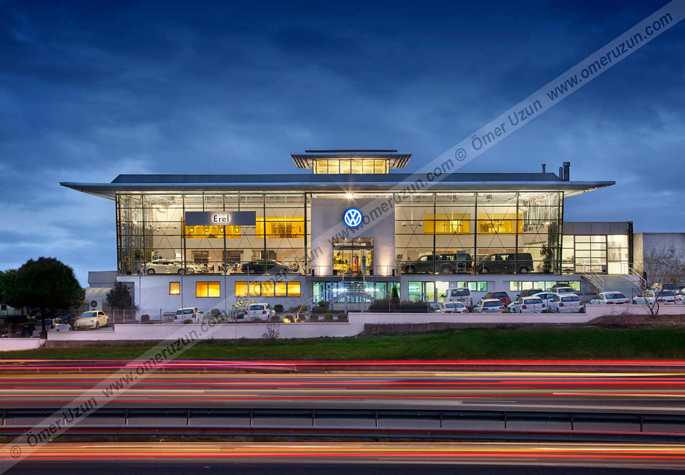 Erel Automotive Car Showroom exterior evening front view
